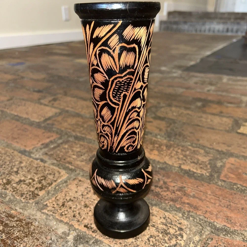 Floral Boho Vintage Tall Hand Carved Solid Red Tint Wood Vase Pedestal‎ 10
